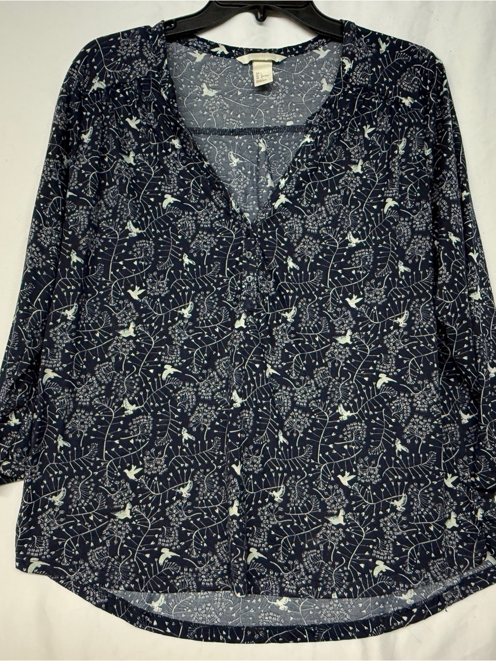 H&M Women’s Navy Floral Bird Print Size Large Blouse